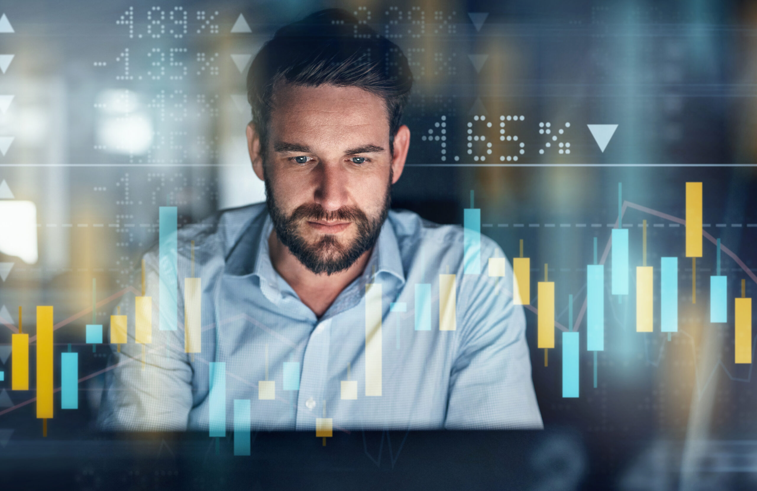 finance professional reading dashboard 